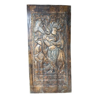 Krishna Carved Wall Panel Barn Door Brown Reclaimed Wood Home Wall Art 84x41 For Sale