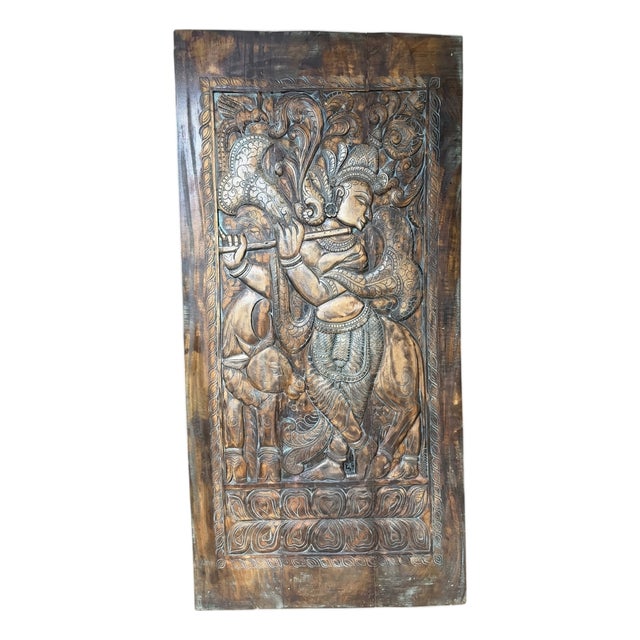 Krishna Carved Wall Panel Barn Door Brown Reclaimed Wood Home Wall Art 84x41 For Sale