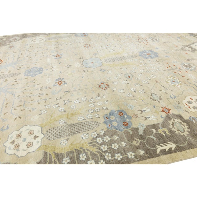 2010s 12 X 15 Handmade Modern Floral Oushak Style Wool Rug in Beige For Sale - Image 5 of 10