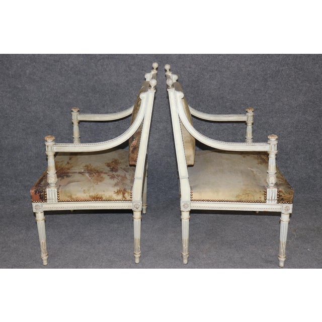 Pair 19th C French Louis XVI Parcel Gilt Carved Armchairs With Aubusson Tapestry For Sale - Image 16 of 17