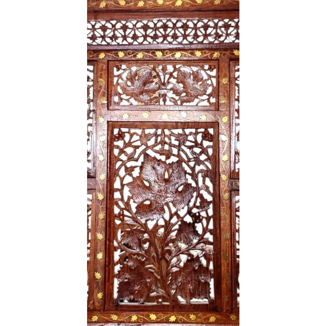 Mid 20th Century Vintage Four-Panel With Brass Inlay Teak Wood Screen Room Divider For Sale - Image 5 of 8