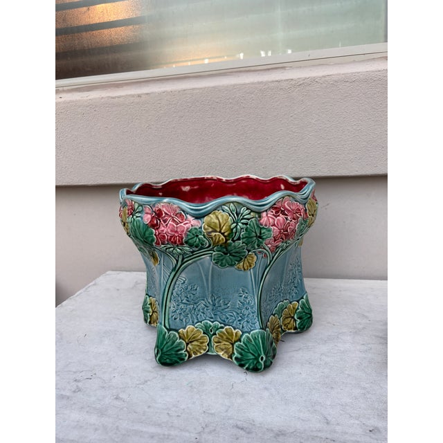 Majolica Aqua Hydrangea Cachepot Sarreguemines, Circa 1900 For Sale In Austin - Image 6 of 8