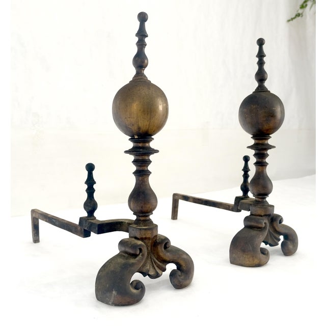 Metal Pair of Large & Heavy Brass 23" Tall Ball Shape End Irons c.1900s For Sale - Image 7 of 9