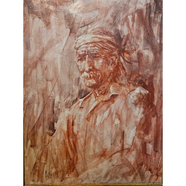 Signed Rustic Oil n Canvas Portrait of Old Man in Carved Wood Frame, 26" x 32", Striking vintage original oil on canvas...