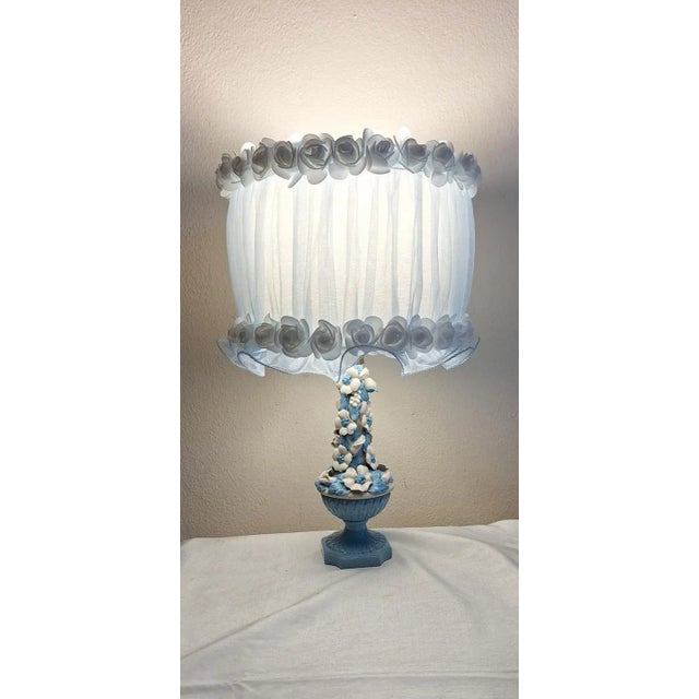 Vintage Table Lamp with Blue Ceramic Base with White Flowers and a Handmade Fabric Shade from Lamplove, 1970s, in Good...