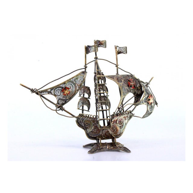 Metal Silver Filigree Caravel with Flags and Maltese Crosses Sails in Relief For Sale - Image 7 of 8