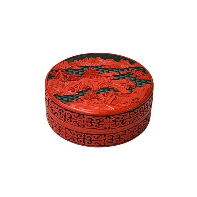 Asian Oriental Asian Black Red Lacquer Round Relief Scenery Accent Box For Sale - Image 3 of 11