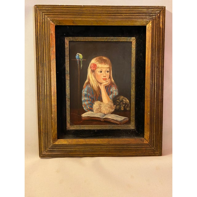1960s Portrait Painting of Sweet Girl With Pup and Parrots For Sale - Image 10 of 10