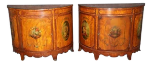 Rare Pair of English Satinwood Paint Decorated Adams Style Demilune Commodes
