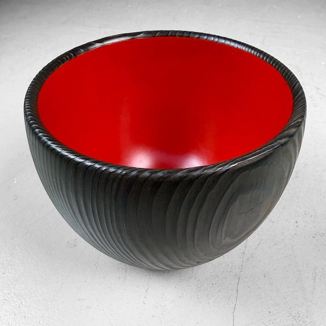 Black Vintage Japanese Wooden Bowl with Red Urushi Lacquer, 1970s For Sale - Image 8 of 11