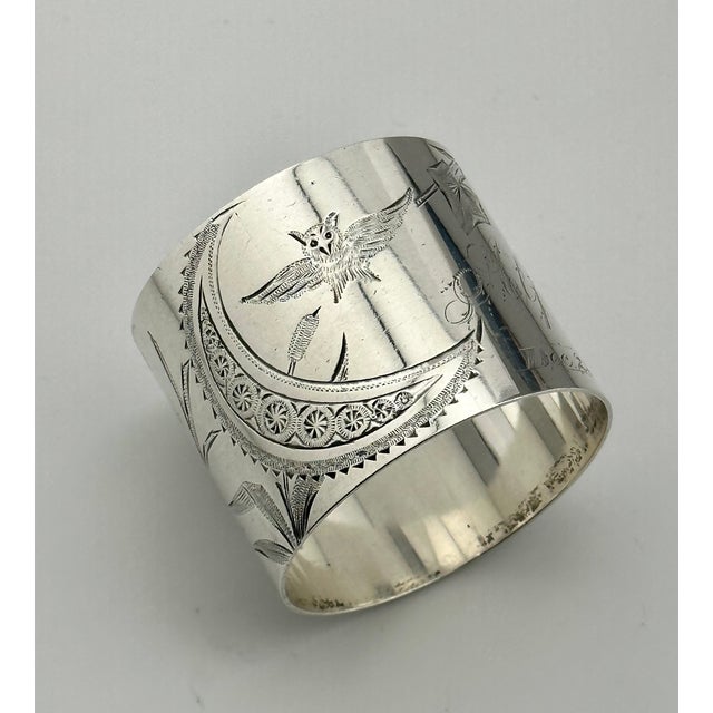 Silver Antique American Hand Engraved Christmas 1882 Sterling Silver Owl & Butterfly Napkin Ring for "Alfred" For Sale - Image 8 of 17