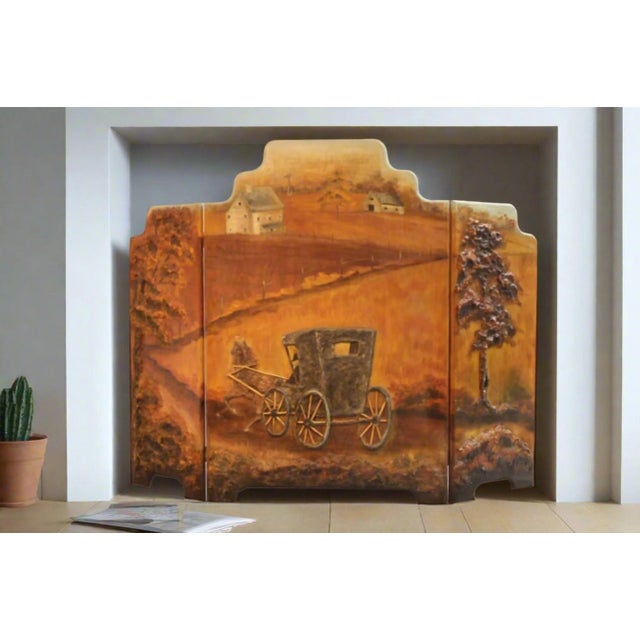 3-panel fireplace screen with a handpainted scene of horse and buggy on a country road. Raised, textured wood adds...