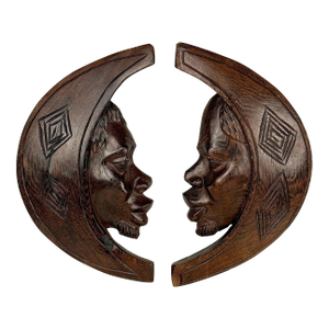 Vintage African Tribal Carved Crescent Moon Man & Women Wall Sculptures - A Pair