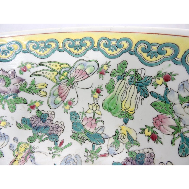 Large Chinese White and Yellow Famille Rose Butterfly Porcelain Bowl & Carved Rosewood Stand For Sale In Tampa - Image 6 of 13