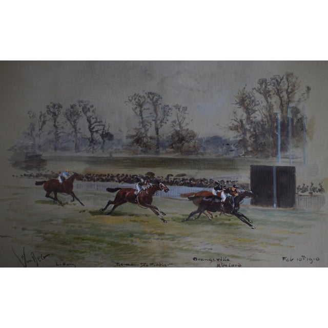 1910s The Suffolk National Hunt Flat Race at Hurst Park C1910 Watercolour by John Beer (British c.1860-1930) For Sale - Image 5 of 6