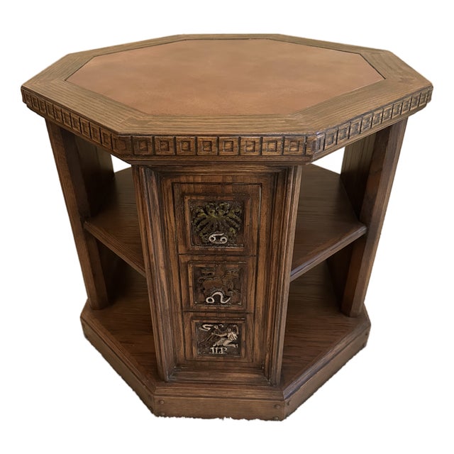 Vintage Romweber Viking Oak Zodiac Leather Top Octagon Table For Sale