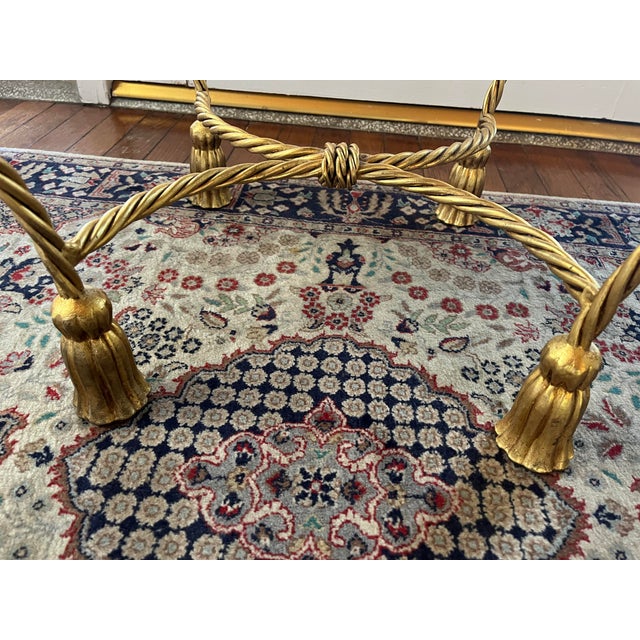 1970s Hollywood Regency Vanity Stool, Gold Gilt Iron Rope Tassel Legs