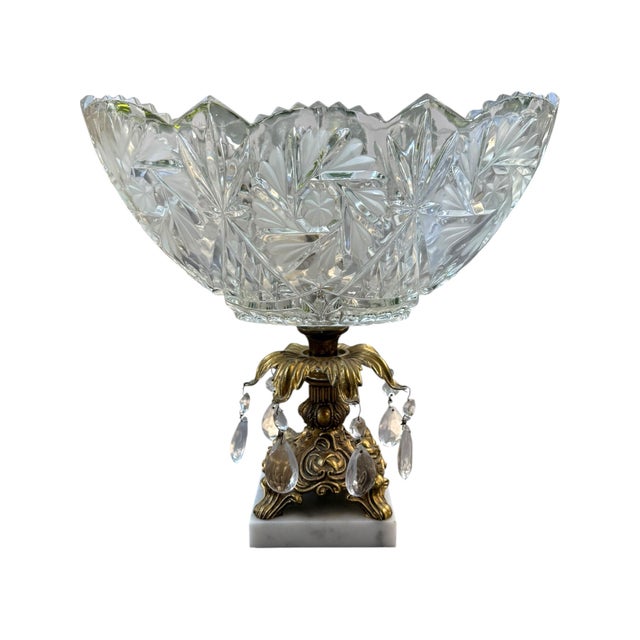 Striking vintage crystal compote/centerpiece with an ornate gilt brass pedestal, hanging faceted crystal prisms, and a...