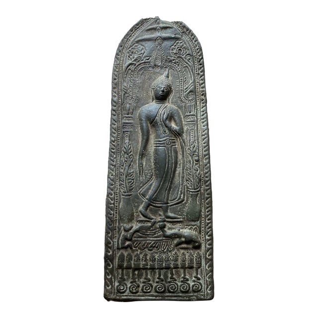 Antique Sukhothai Style Thai Buddhist Metal Votive Plaque Amulet For Sale