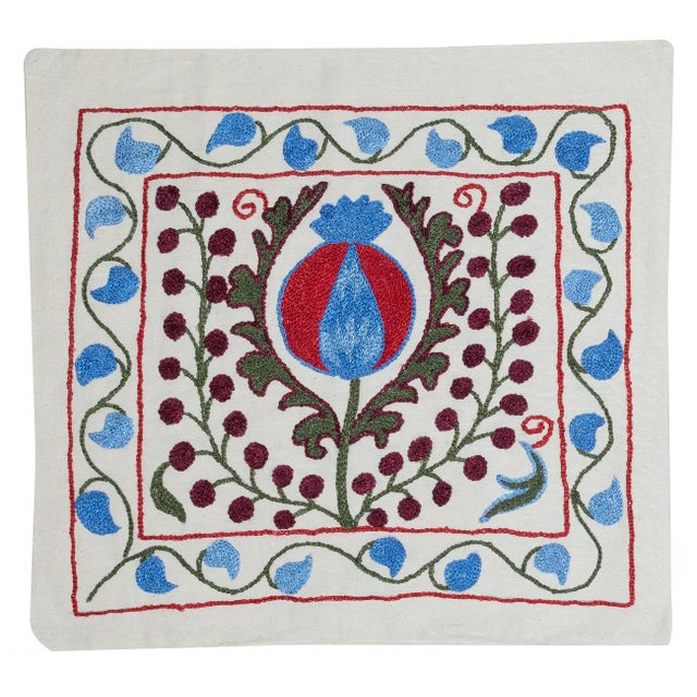 Traditional 18"x19" Embroidered Cotton Cushion Cover With Folk Floral Design | Suzani Accent Pillow | Handmade Throw Pillow For Sale - Image 3 of 5