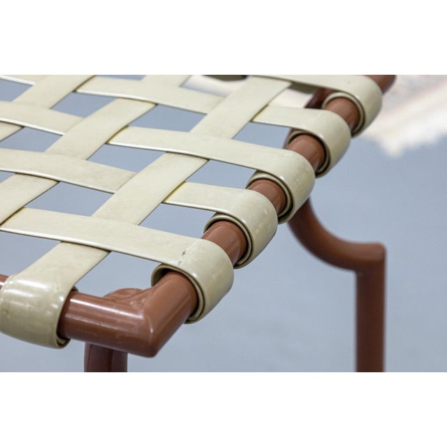 Metal Set of 4 Vintage Tropitone Brown and Beige Woven Vinyl Seat Outdoor Patio Stools For Sale - Image 7 of 8