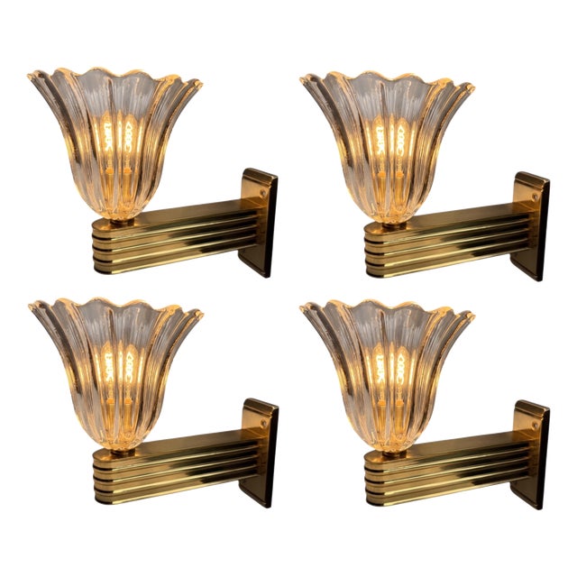 Mid-Century Murano Glass Wall Lamps in the style of Ercole Barovier, Italy, 1990s, Set of 4 For Sale