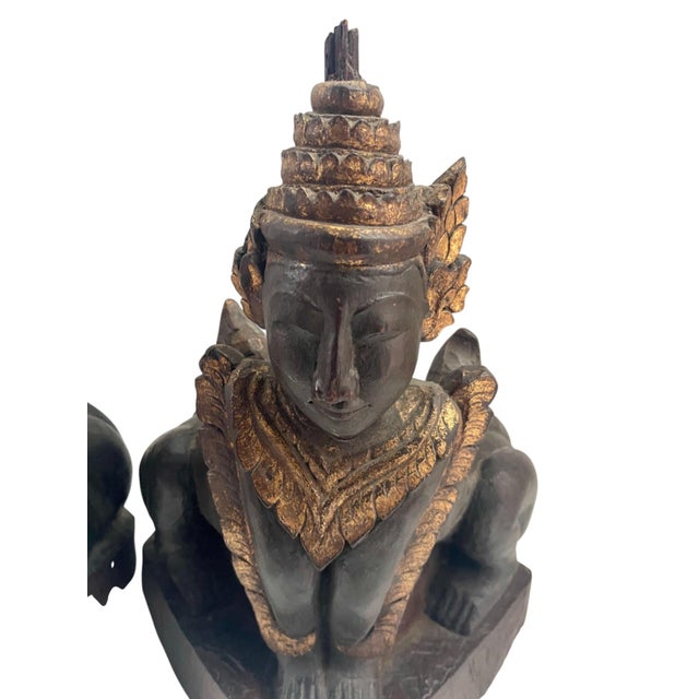 Brown Mythical Burmese Folklore Buddahist Carved Gold Gilt Burma Guardian Lion Statues For Sale - Image 8 of 10