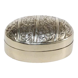 Asian Handcrafted Oval Betel Box in Metal Silvered