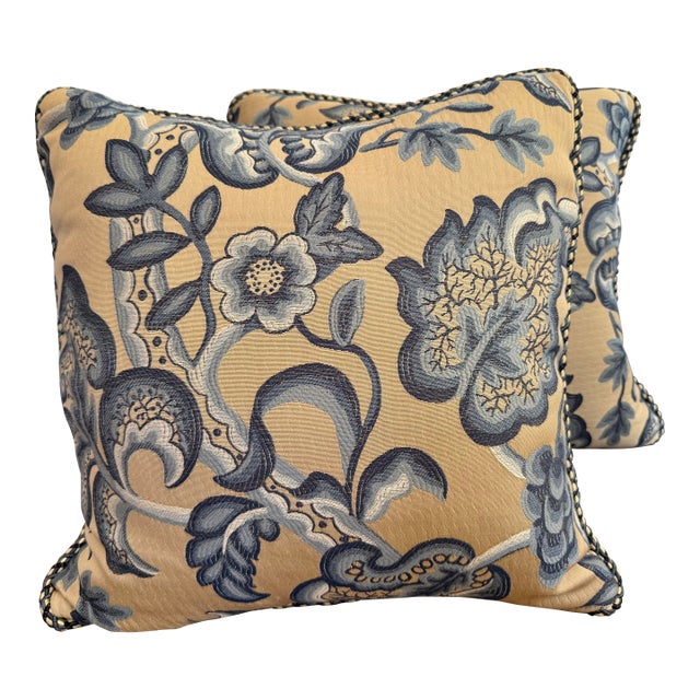 Jacobean Blue and Tan Pillow Pair With Rope Trim and Down-Filled Inserts For Sale