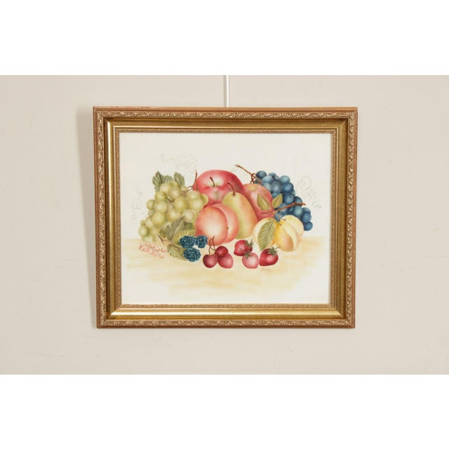 Quality Custom Framed Folk Art Still-Life Painting of Fruit on Velvet, by Linda Brubaker Signed Bottom Right