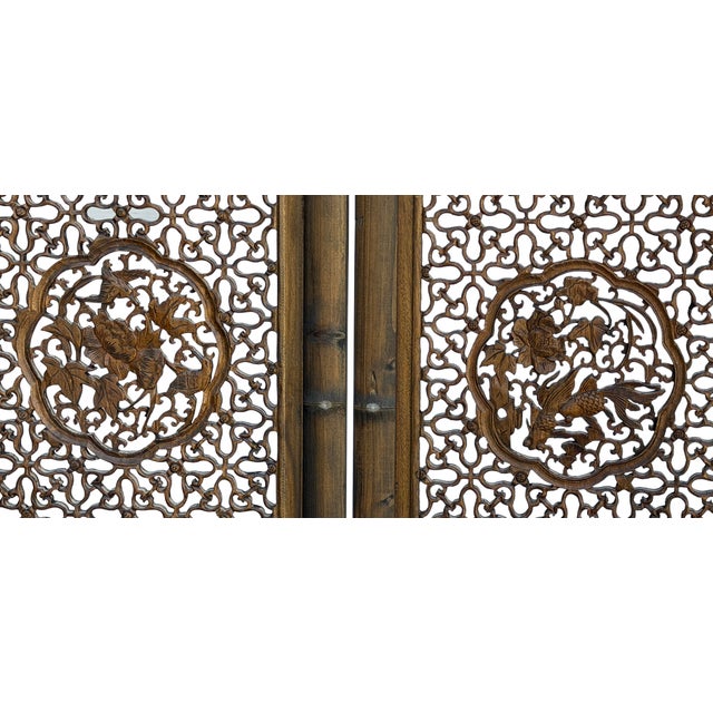 Vintage Finish Openwork Floral 4 Panels Wood Floor Screen Room Divider For Sale - Image 10 of 10