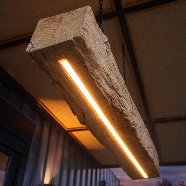Reclaimed Oak Beam Chandelier | Rustic Farmhouse Pendant Light, Integrated Led Fixture For Sale - Image 4 of 7