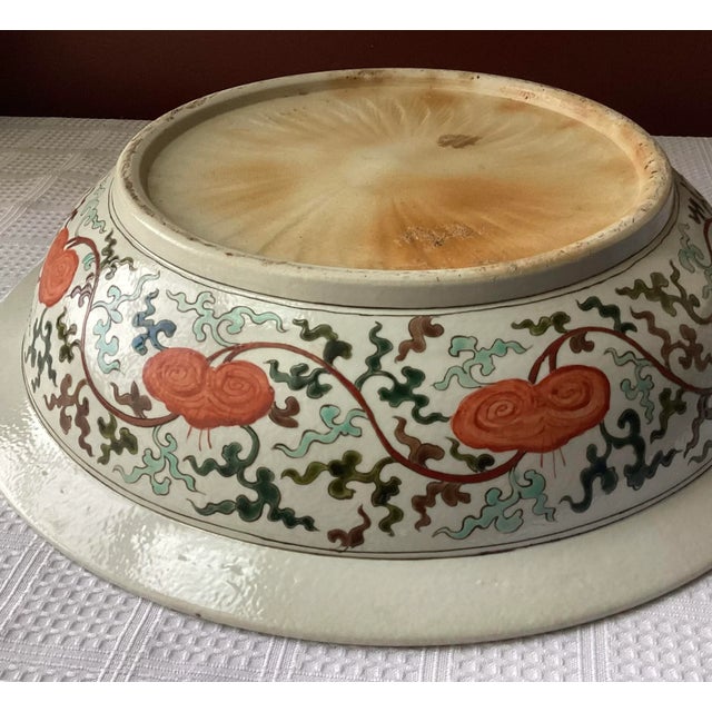 Ceramic Antique Chinese Wucai Porcelain Bowl – Large 15” Diameter, Hand-Painted Figures & Floral Border For Sale - Image 7 of 11