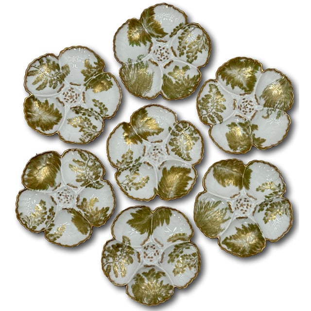 Victorian Beautiful & Fine Quality 22k Gold & Ferns Decorated Antique French Limoges Porcelain Oyster Plates Set of 7 For Sale - Image 3 of 18