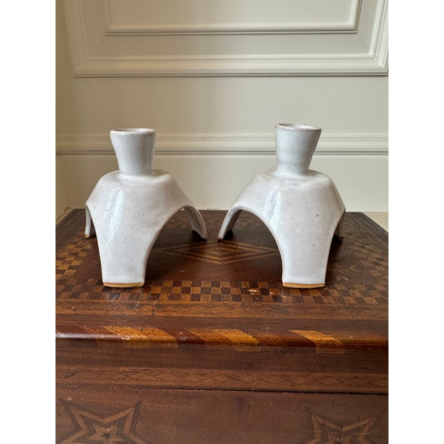 Off-white Vintage Handcrafted Signed Atomic Glazed Terracotta Candleholders - A Pair For Sale - Image 8 of 18