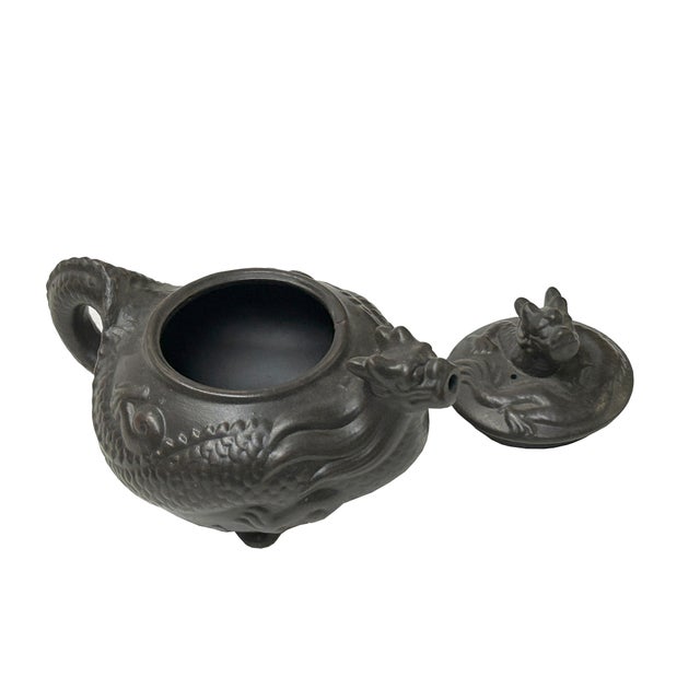 1980s Chinese Dark Brown Black Yixing Zisha Clay Teapot With Dragon Accent For Sale - Image 5 of 7