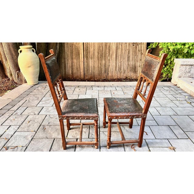 Late 19th Century Set of 6 Antique Late 1800s French Henri II Walnut Dining Chairs With Leather Upholstery For Sale - Image 5 of 12