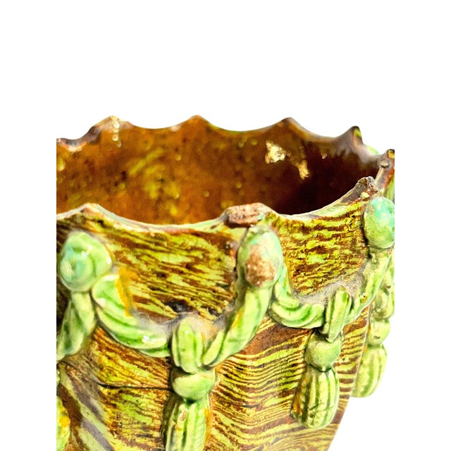 Pair Antique French Majolica Glazed Terracotta Jardinieres With Rope and Tassel Design For Sale - Image 12 of 17