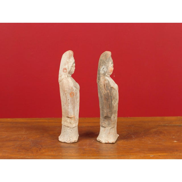 Mid 20th Century Chinese Qing Dynasty Small Hand Painted Terracotta Statues - a Pair For Sale - Image 4 of 13