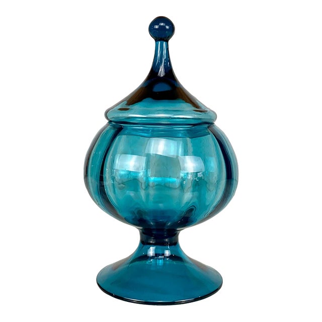 MidCentury Empoli Italian Turquoise Blue Art Glass Compote Jar W/ Lid