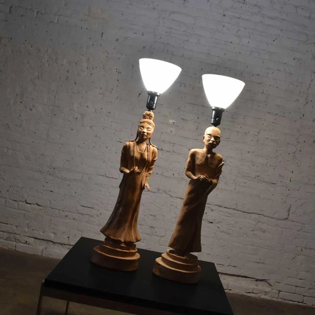 Vintage Hollywood Regency Asian Figural Lamps Style of James Mont W/ Black Tapered Shades - a Pair For Sale - Image 11 of 13