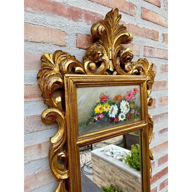 Wood French Gilt Carved Wall Mirror in French Rococo Style with Oil Painting of Flora For Sale - Image 7 of 18