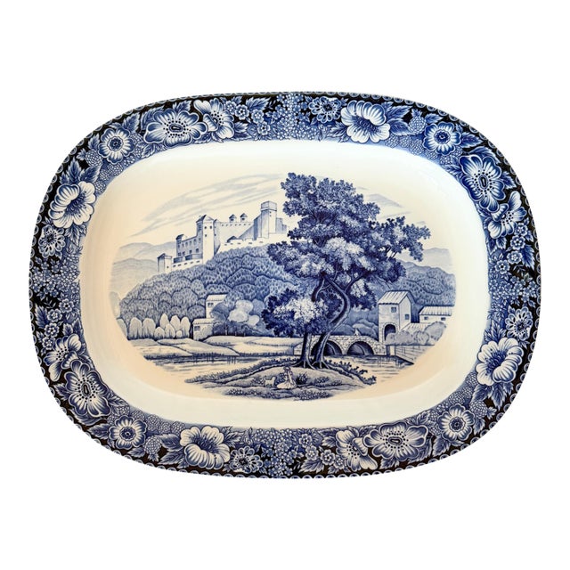 Vintage Import Blue Transferware Platter With Trees and Castle For Sale