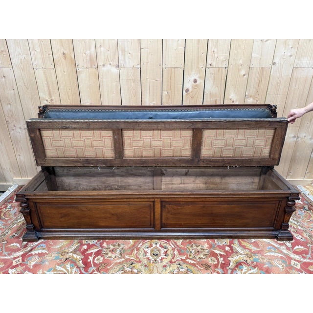 Napoleon III Storage Bench with Carved Walnut and Leather Upholstery For Sale - Image 5 of 9
