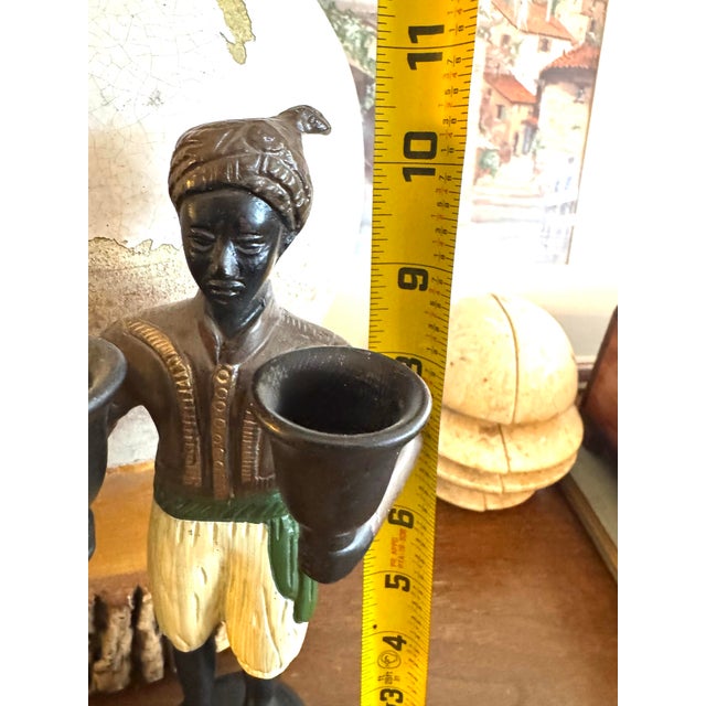 Vintage Moorish Figural Double Candleholders, Pair – Hand Painted Cast Metal Candlesticks, Hollywood Regency Style For Sale - Image 4 of 10