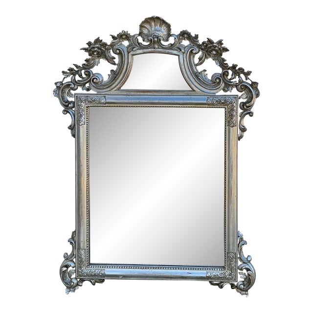 Vintage Italian Carved Wood Silver Leafed Mirror For Sale