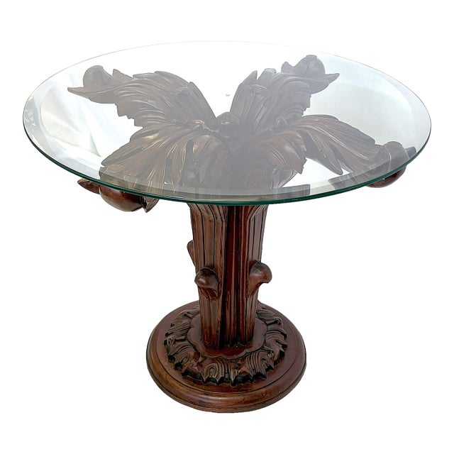 Vintage Carved Wood Palm Tree Side Table With Beveled Glass Top For Sale