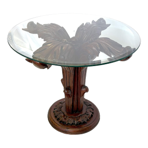 Vintage Carved Wood Palm Tree Side Table With Beveled Glass Top