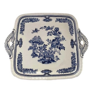 1930's Mason's Ironstone Cake Plate/Tray, Chinoiserie Pattern, Manchu Blue- Square, Tab Handles For Sale