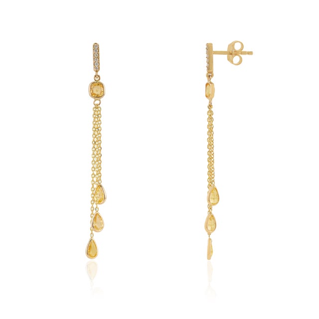 1.92Ct Yellow Sapphire & Diamond Chain Drop Earrings in 14k Yellow Gold- 2 Pieces For Sale - Image 4 of 13